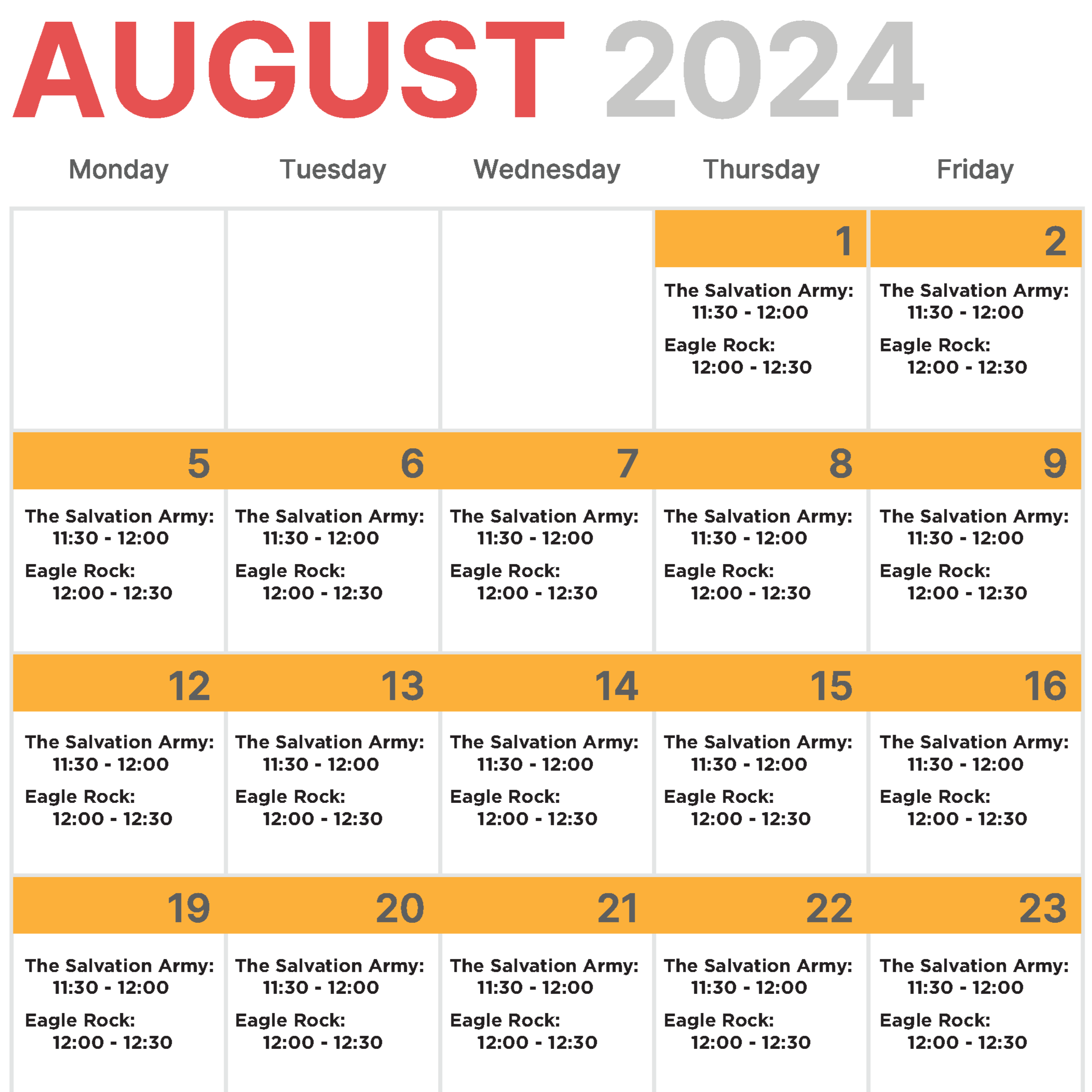 August Summer Feeding Calendar